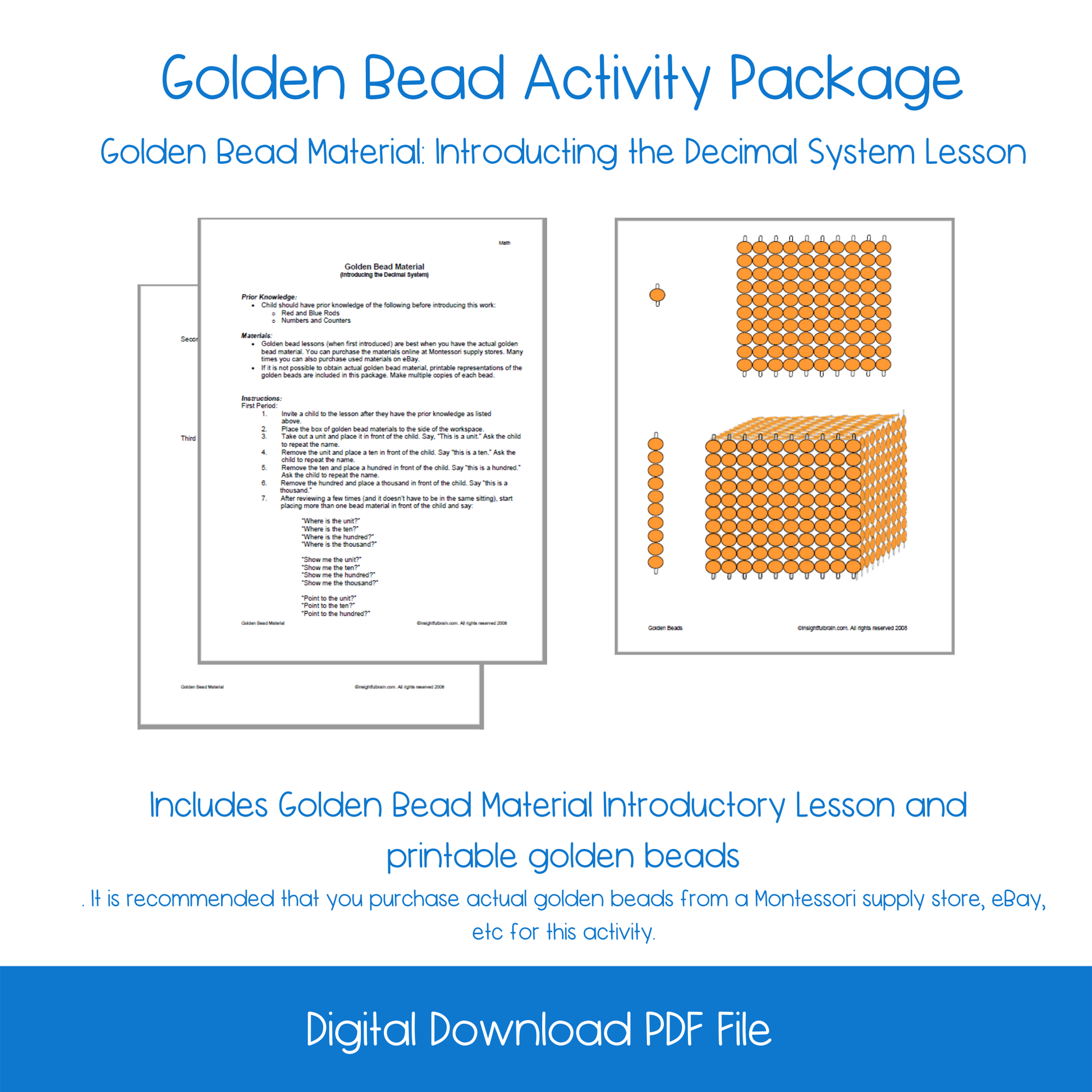 printable Montessori Golden Beads Introductory Lesson Activity, printable pre-school number and counting activity, printable homeschool number and counting activity