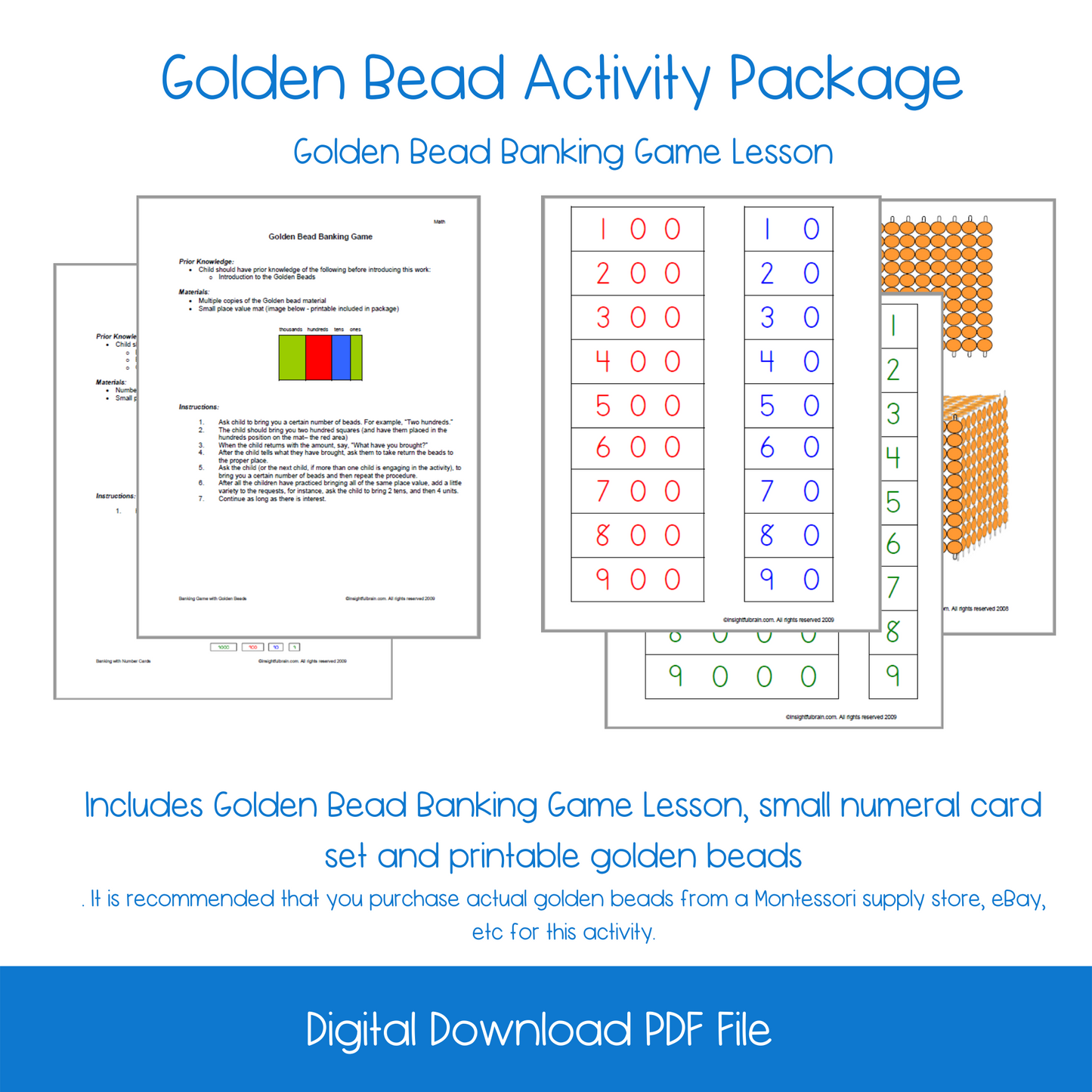 printable Montessori Golden Beads Introductory Lesson Activity, printable pre-school number and counting activity, printable homeschool number and counting activity, montessori banking game lesson