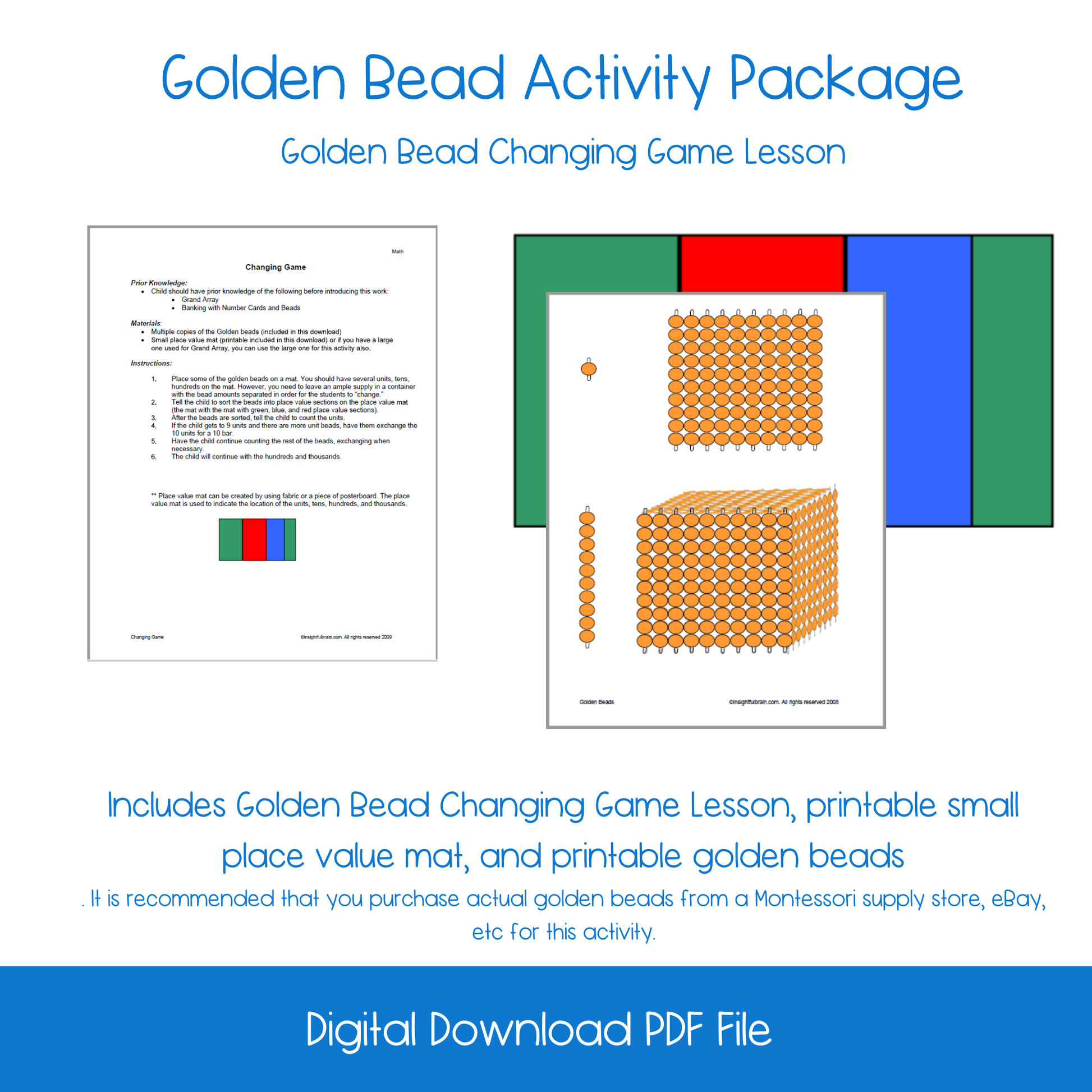 printable Montessori Golden Beads Introductory Lesson Activity, printable pre-school number and counting activity, printable homeschool number and counting activity