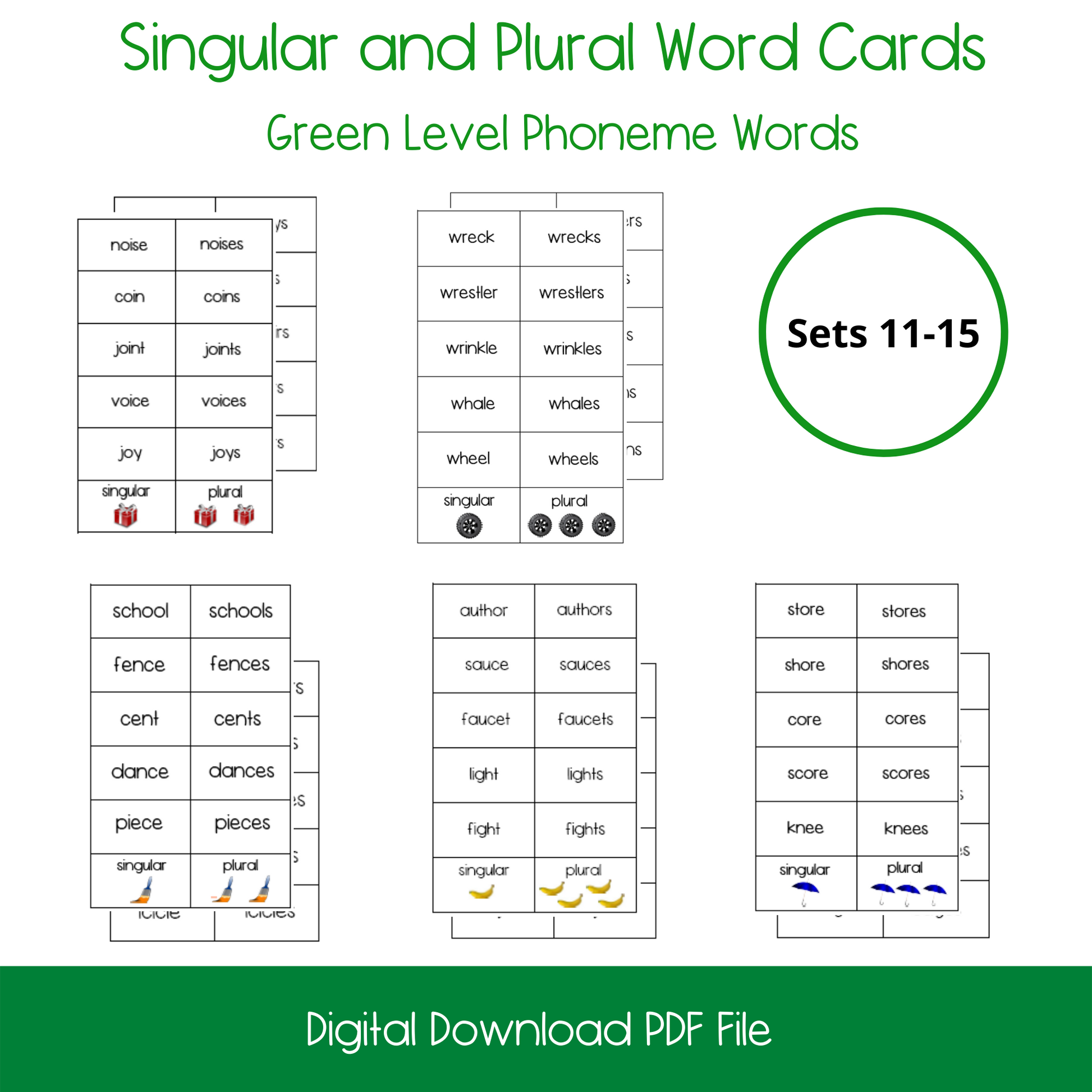 Printable Montessori Green Level Singular and Plural Cards, printable elementary singular and plural activity cards, printable ELL and ESL singular and plural cards for english language learners, homeschool