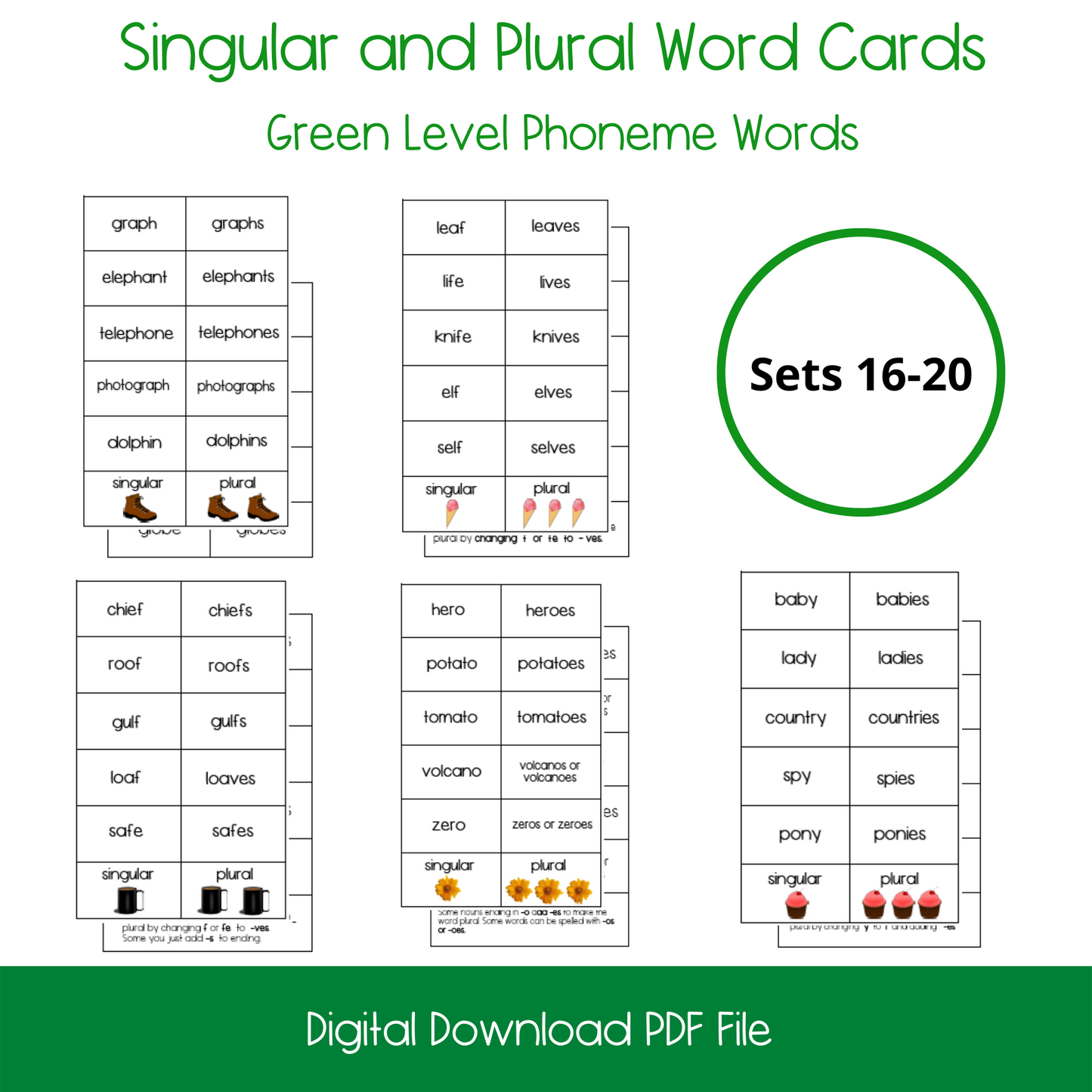 Printable Montessori Green Level Singular and Plural Cards, printable elementary singular and plural activity cards, printable ELL and ESL singular and plural cards for english language learners, homeschool