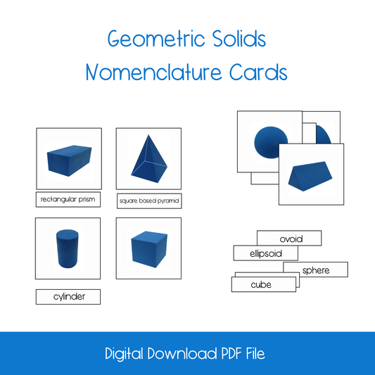 printable geometric solids activity, montessori printable geometric solids, homeschool geometric solids lesson, montessori nomenclature cards