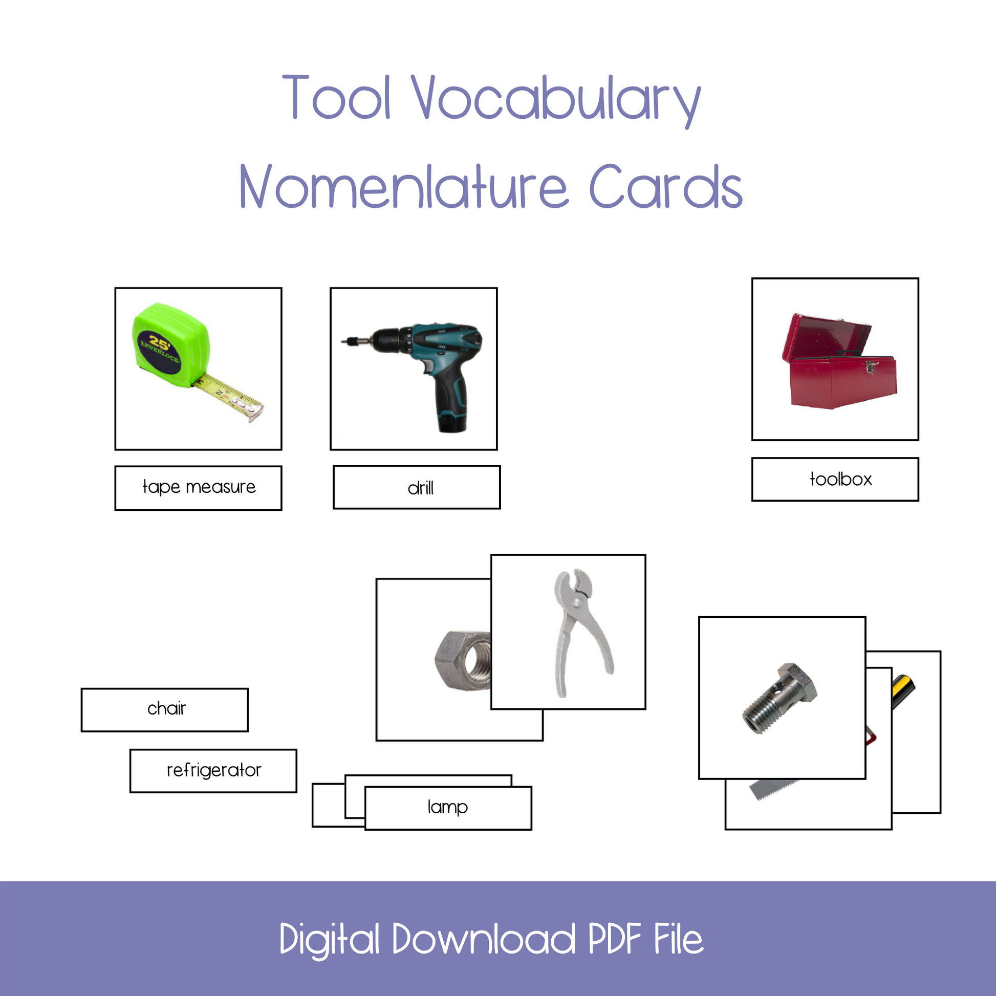 printable montessori tool vocabulary cards, printable nomenclature cards, printable kindergarten names of tool cards, printable ESL names of tools activity