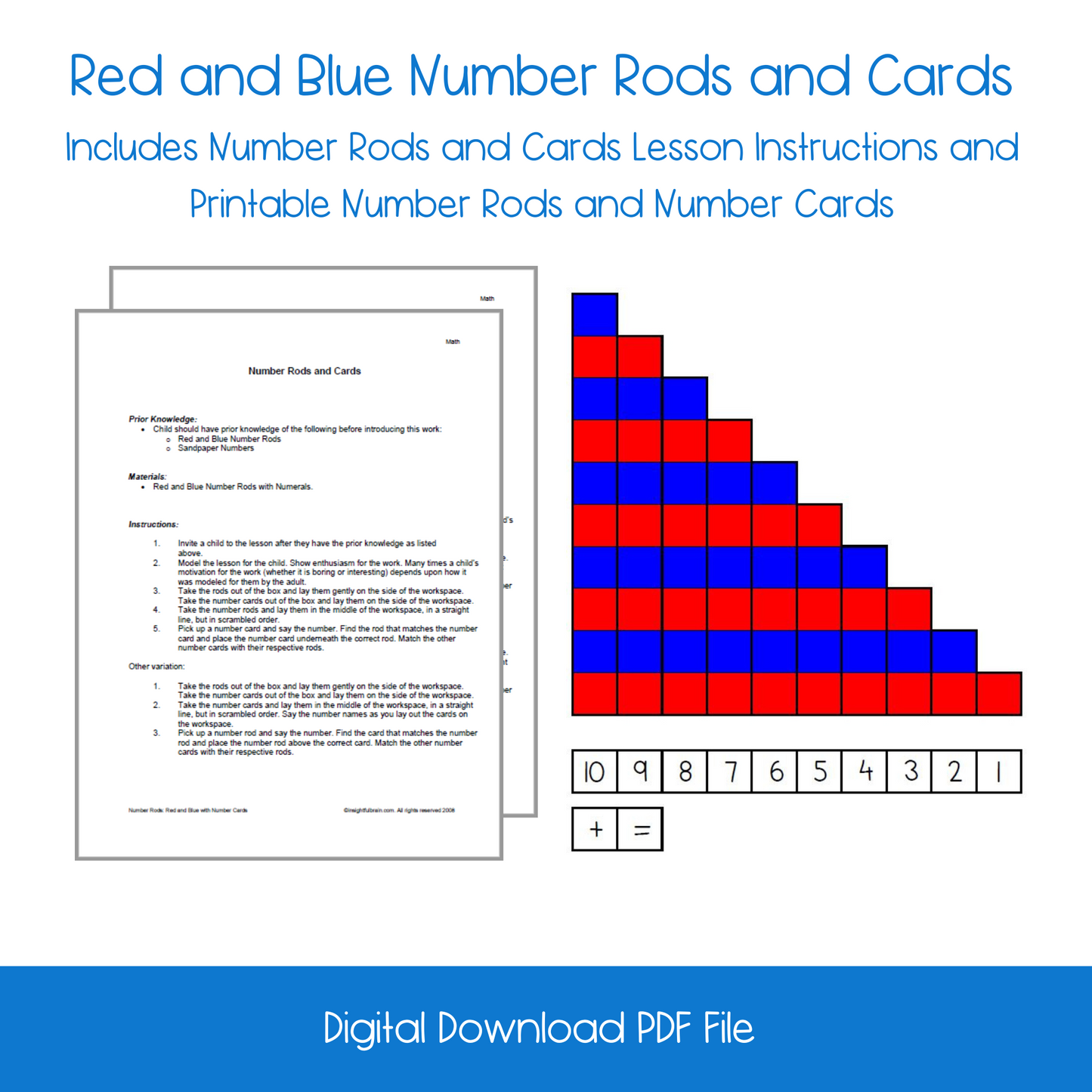 Printable montessori red and blue rods, printable red and blue rods lesson activity, printable pre-school number and number sense set, printable homeschool kindergarten number sense and counting activity