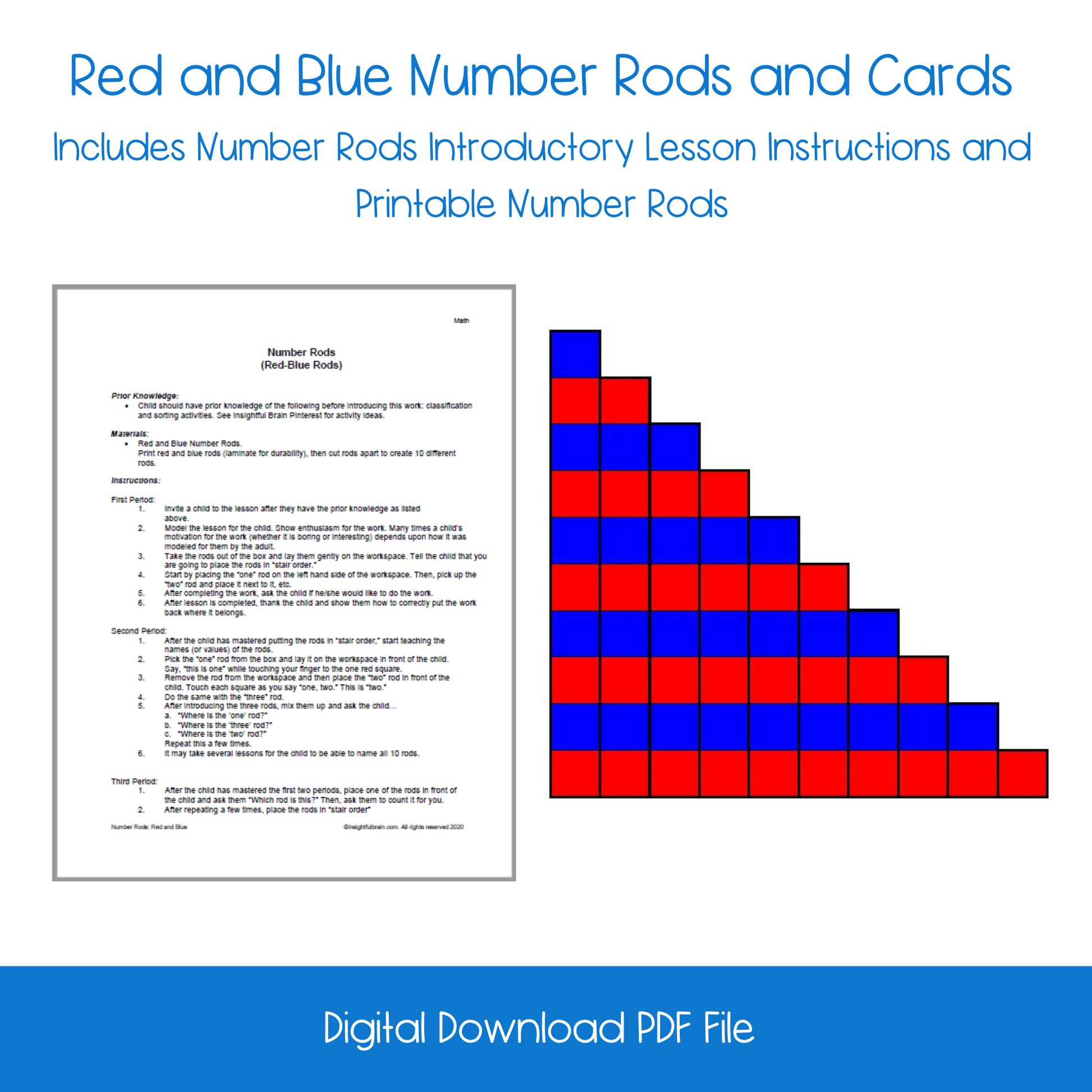 Printable montessori red and blue rods, printable red and blue rods lesson activity, printable pre-school number and number sense set, printable homeschool kindergarten number sense and counting activity