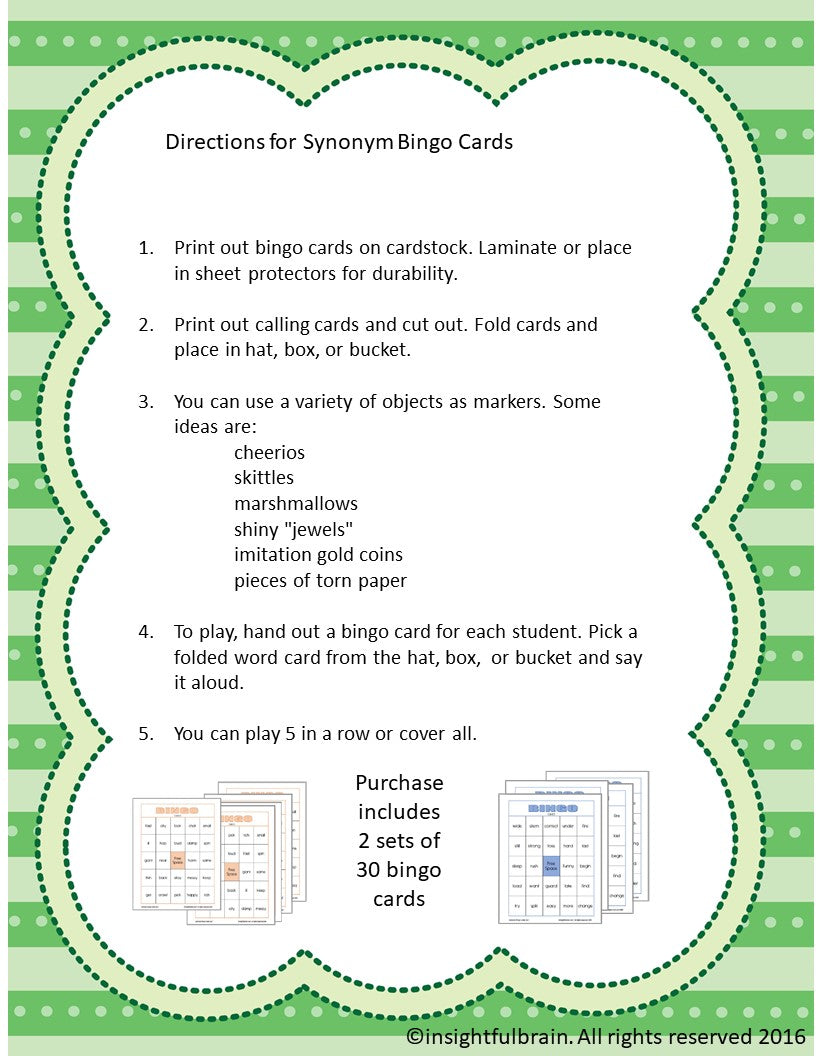 Synonym Bingo -Green Level Words- 2 activity sets