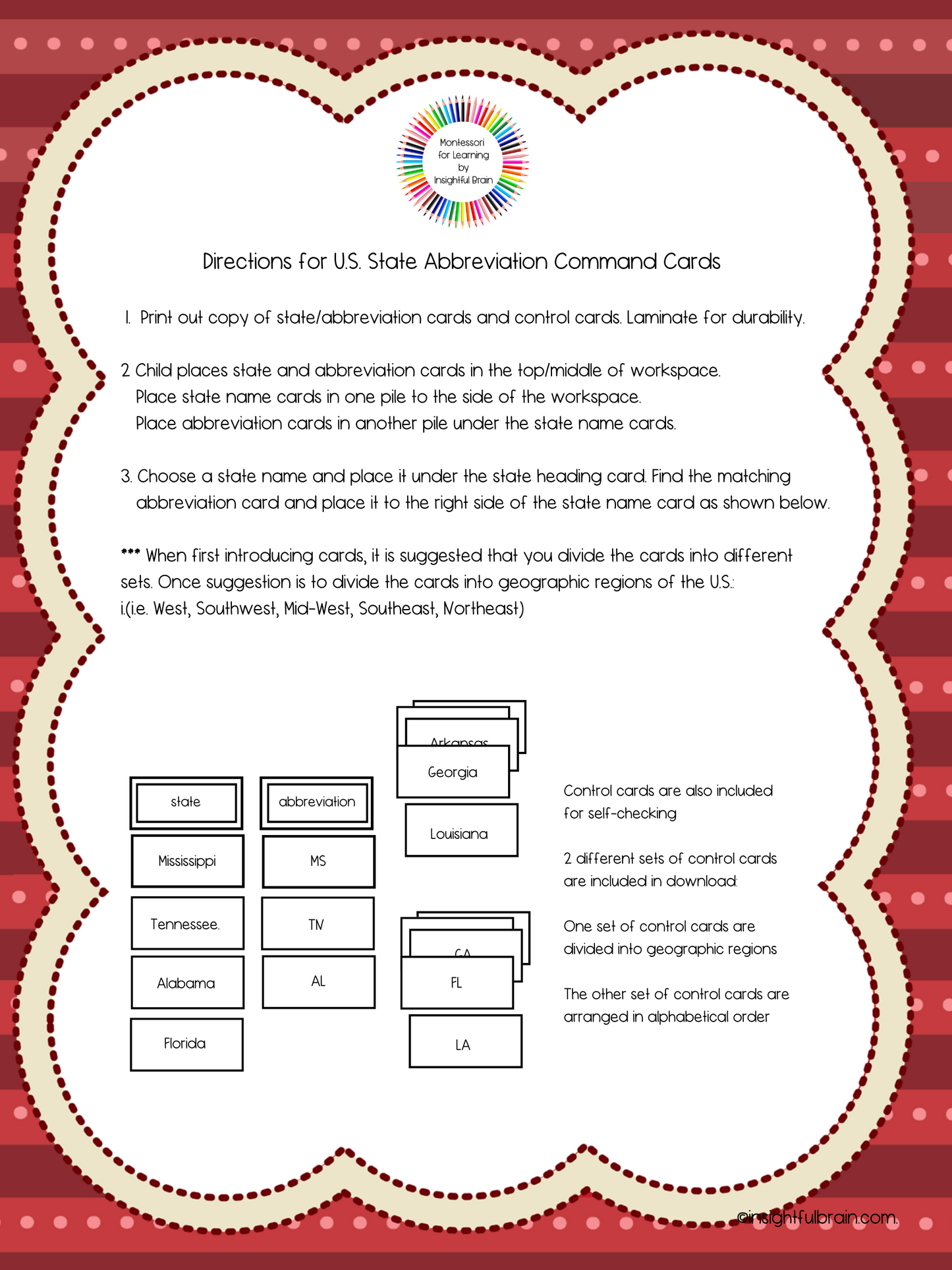 US States Abbreviation Commands Card Set